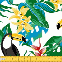 Tecido Tricoline Estampado Tucanos Floral Fundo Branco 7119v01