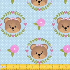 Tecido Tricoline Estampado Urso Floral Azul 7118v02