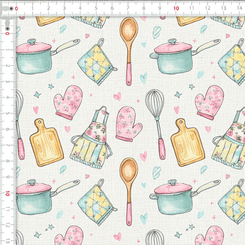 Tecido Tricoline Estampado Utensílios de Cozinha 9050V424
