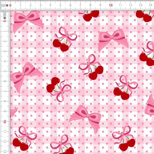 Tecido Tricoline Estampado Xadrez Rosa com Cereja 5163V001