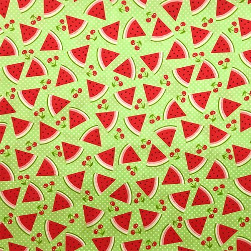 Tecido Tricoline Mista Estampado Melancia Fundo Verde com Poá ES11105166