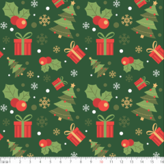 Tecido Tricoline Presentes e Árvores de Natal Verde 6194v001