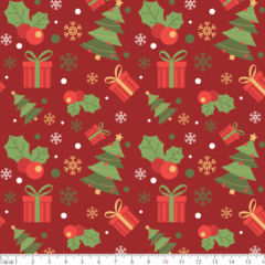 Tecido Tricoline  Presentes e Árvores de Natal Vermelho 6194v002