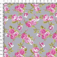 Tecido Tricoline Estampado Floral  Roseiras Fundo Cinza 5364v05