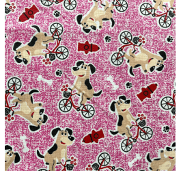 Tricoline Estampado Cachorro e Bicicleta Fundo Rosa 2192