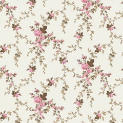 Tricoline Estampado Floral Ramificado Sarah Rosa Com Marrom 200118v48