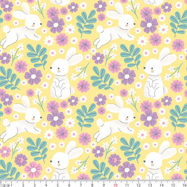 Tecido Tricoline Coelhos Floral de Páscoa Fundo Amarelo 6465v01