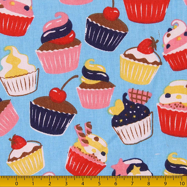 Tecido Tricoline Cupcakes Fundo Azul Claro 6401v02