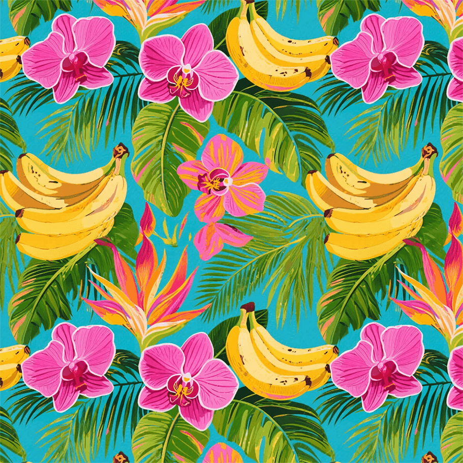 Tecido Tricoline Estampado Bananas e Orquídeas Rosas 9050V513