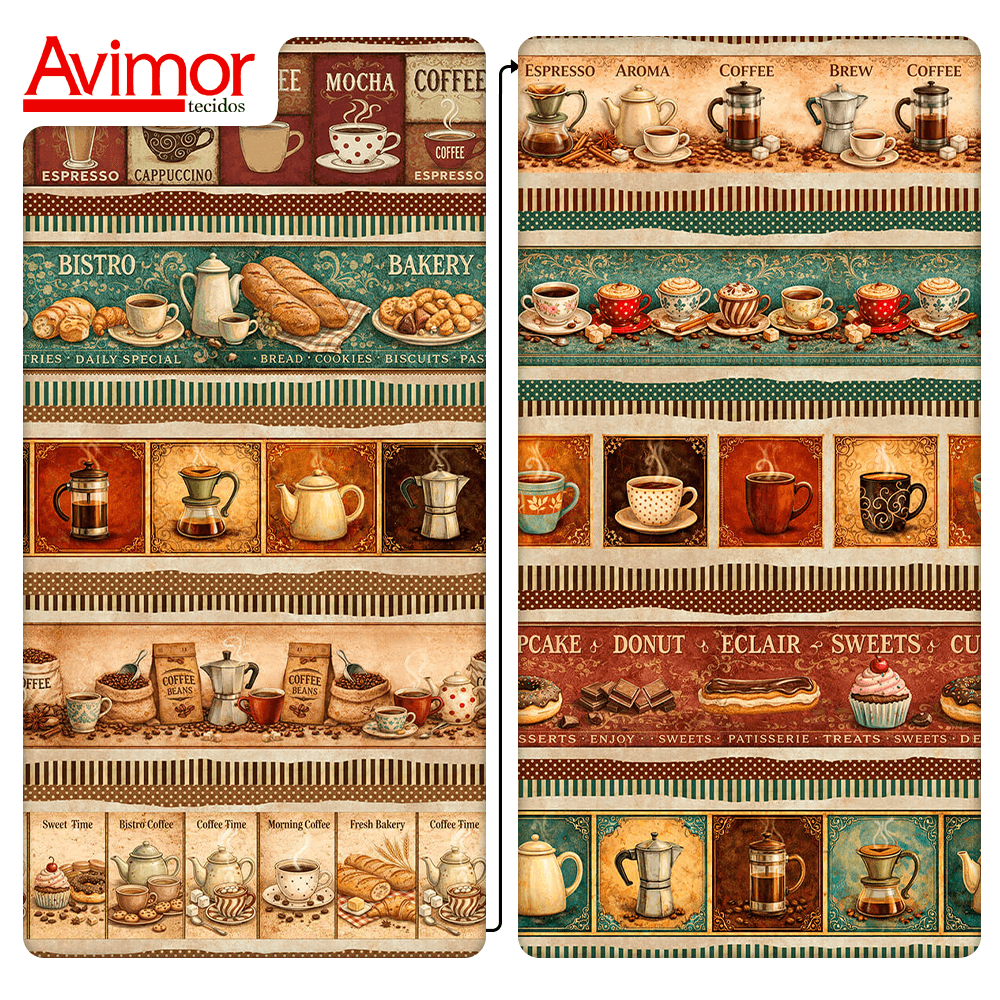 Tecido Tricoline Estampado Barrados de Café e Padaria Vintage 9050V528