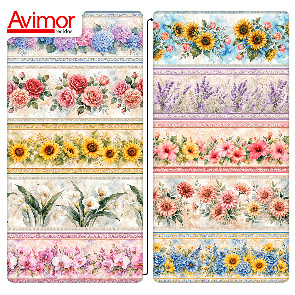 Tecido Tricoline Estampado Barrados Florais Variados 9050V498