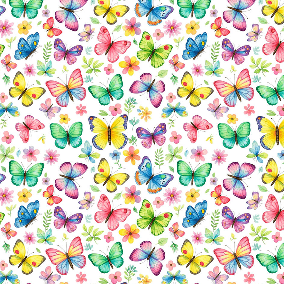 Tecido Tricoline Estampado Borboletas Coloridas e Flores 9050V535