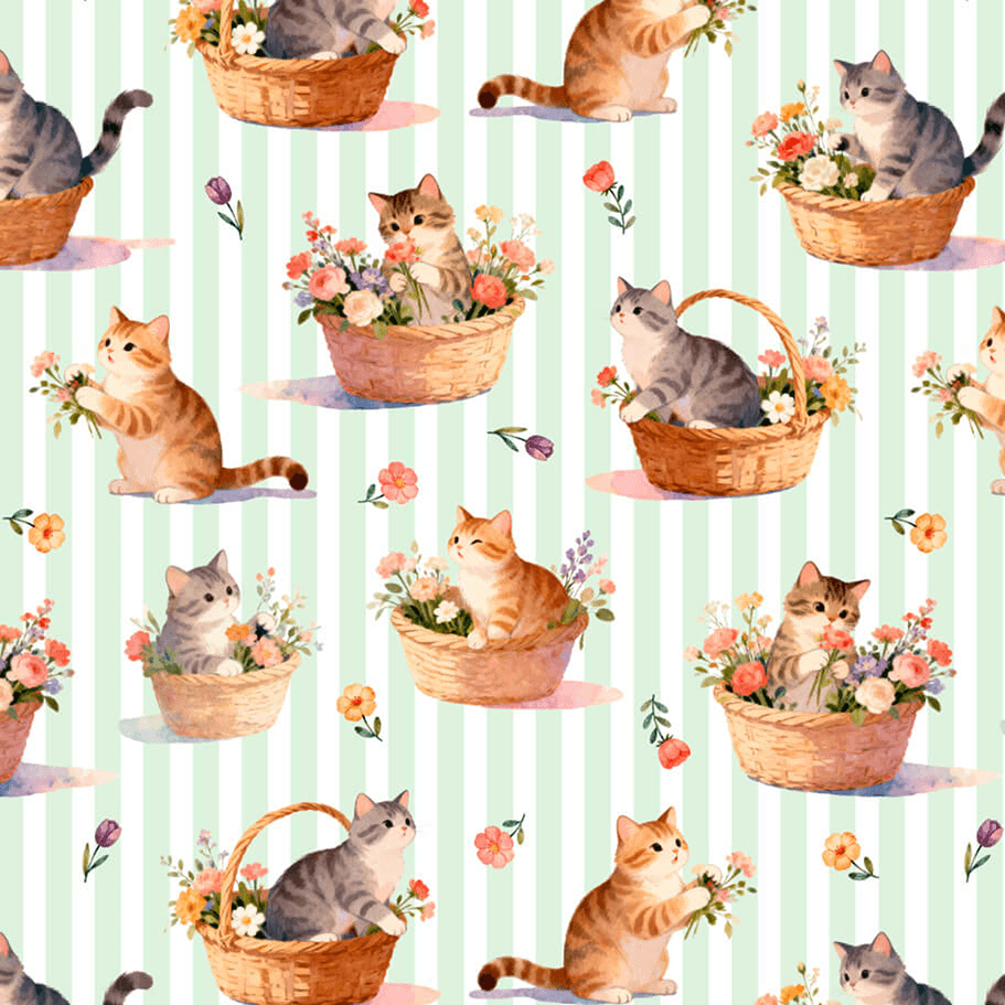 Tecido Tricoline Estampado Gatinhos Cestas Florais Listrado Verde 9050V546