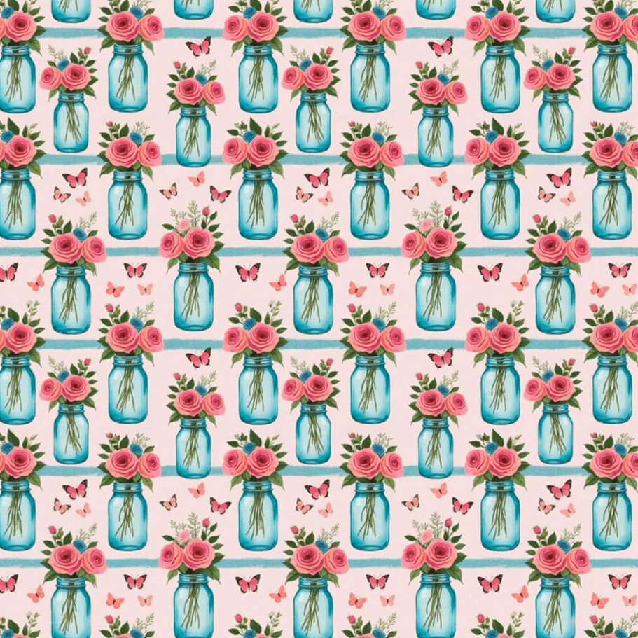 Tecido Tricoline Estampado Rosas em Vasos e Borboletas 9050V493