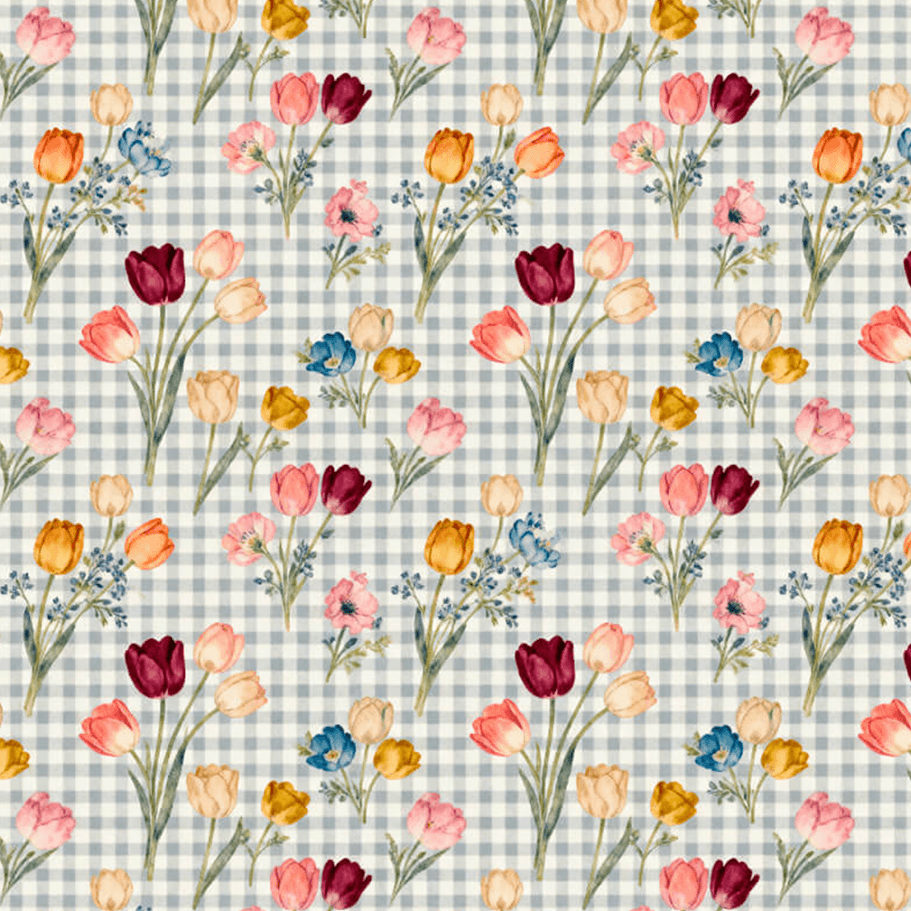 Tecido Tricoline Estampado Tulipas Coloridas Xadrez Azul 9050V492