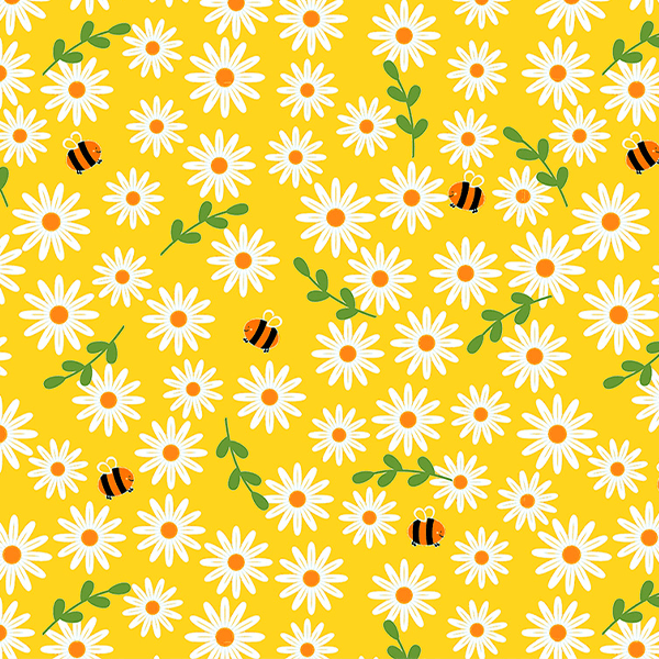 Tecido Tricoline Estampado Abelha e Margaridas Fundo Amarelo Escuro 4123v009