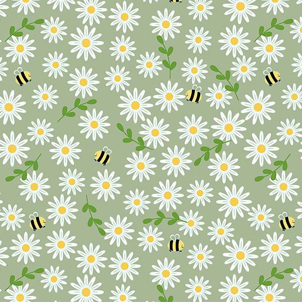 Tecido Tricoline Estampado Abelha e Margaridas Fundo Verde 4123v008