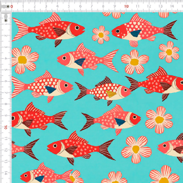 Tecido Tricoline Estampado Aquário de Peixes e Flores 9050v321
