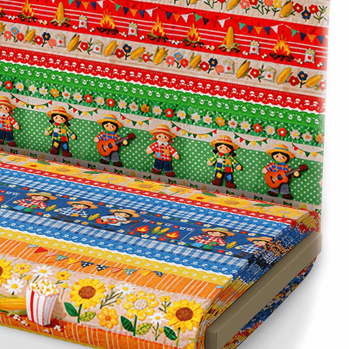 Tecido Tricoline Estampado Barrado Bonecos Festa Junino 0,55x1,50 9050v458