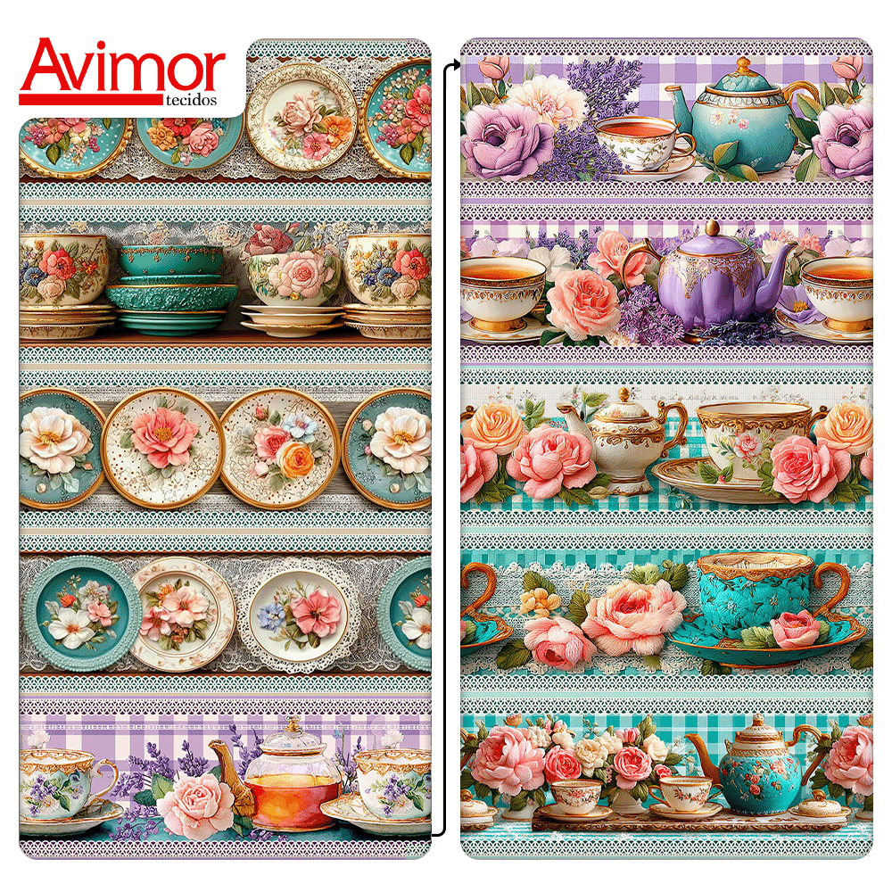 Tecido Tricoline Estampado Barrado Jardim das Porcelanas 9050V478