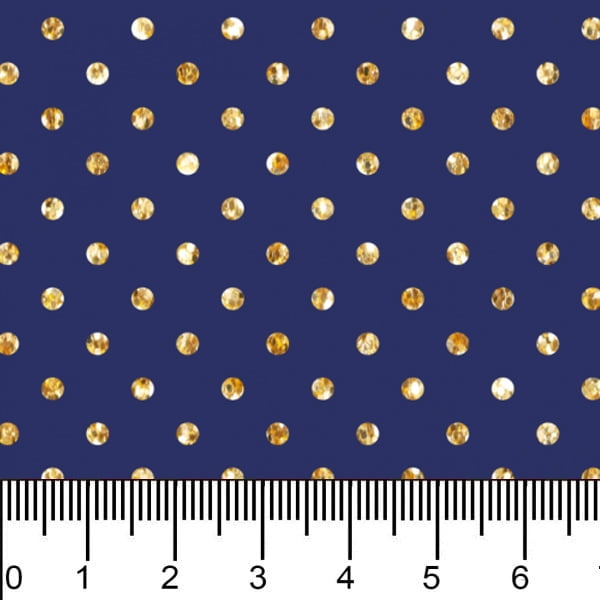 Tecido Tricoline Estampado Bolinhas Micro Glitter Dourado e Azul Escuro 1001v705