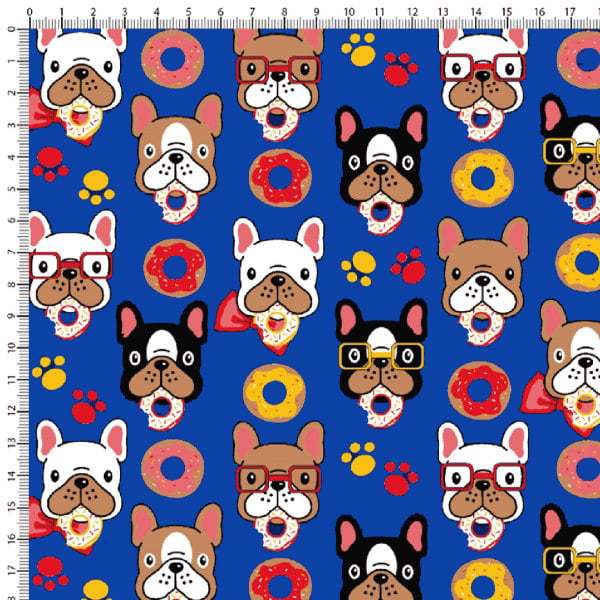 Tecido Tricoline Estampado Cachorro Donuts Fundo Azul Royal 6450v01