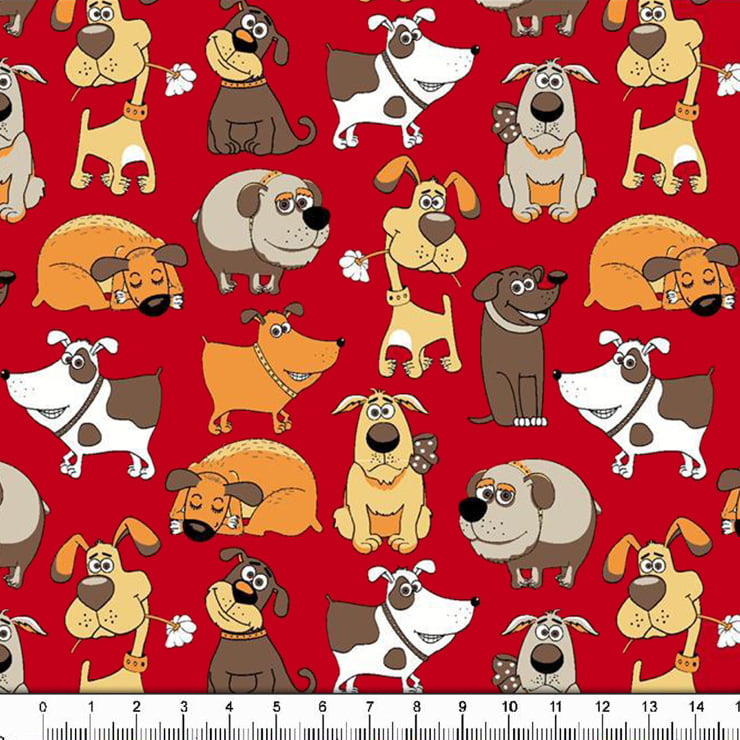 Tecido Tricoline Estampado Cachorros Fundo Vermelho 6417v06