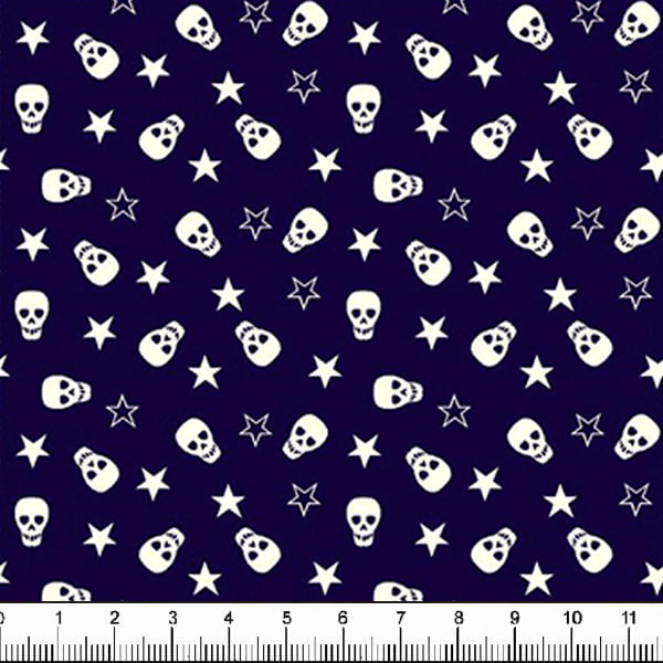 Tecido Tricoline Estampado Caveira e Estrelas Fundo Azul 1639v02