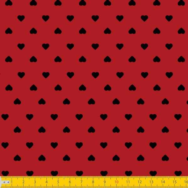 Tecido Tricoline Estampado Corações Preto Fundo Vermelho 1302v011