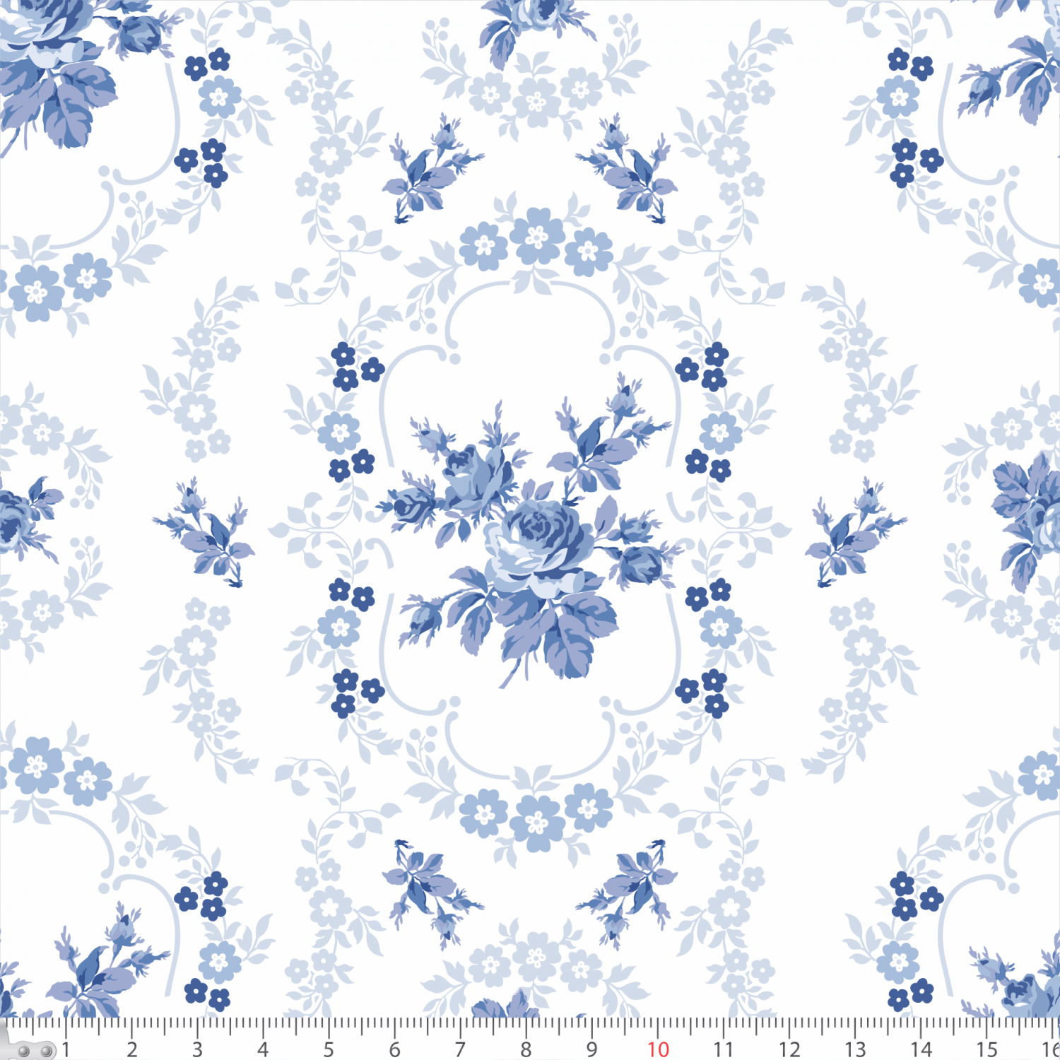 Tecido Tricoline Estampado Enfeite Floral Azul  8083v02
