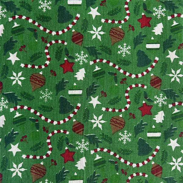 Tecido Tricoline Estampado Enfeites de Natal Fundo Verde 6073v01