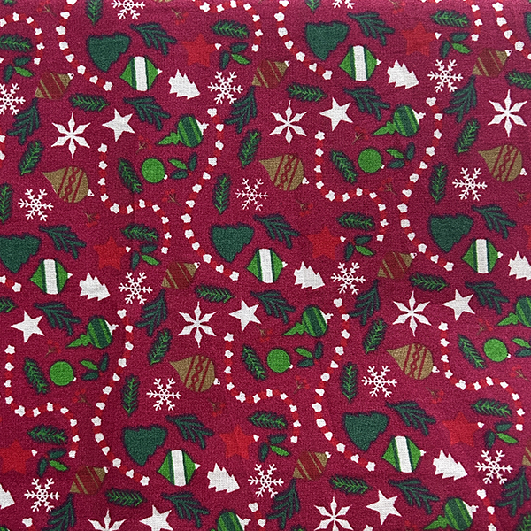 Tecido Tricoline Estampado Enfeites de Natal Fundo Vermelho 6073v02