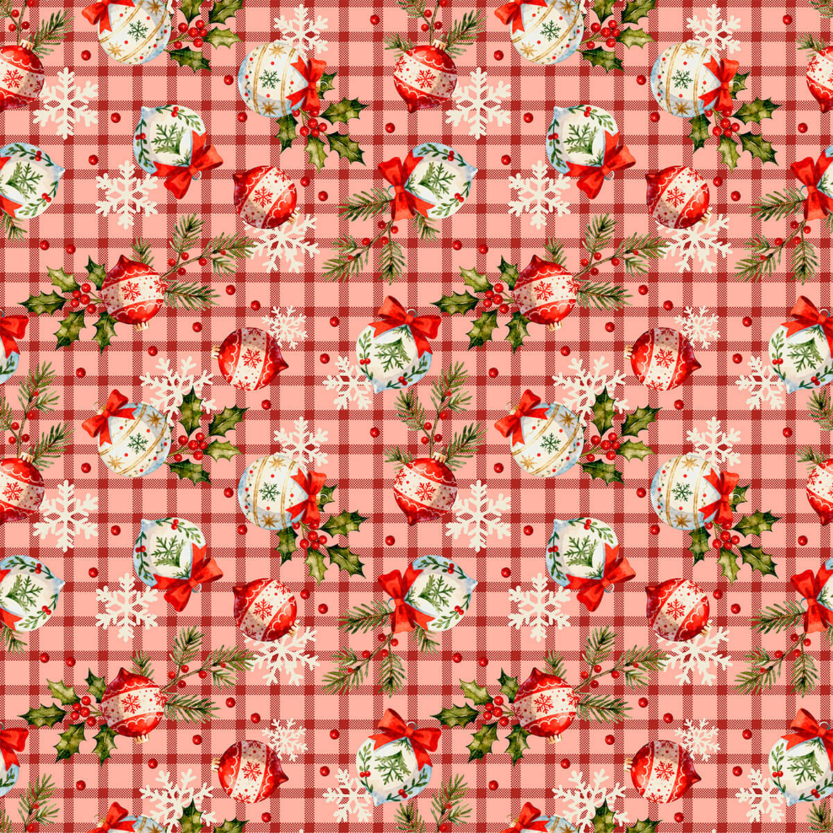 Tecido Tricoline Estampado Enfeites de Natal Rosa 6220v002
