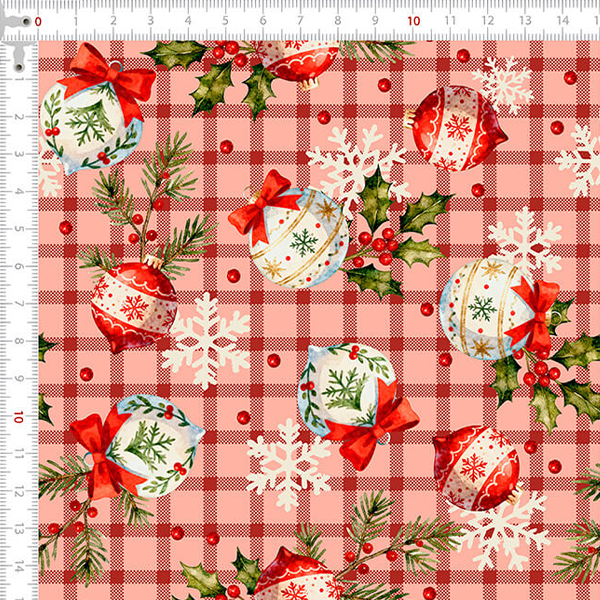 Tecido Tricoline Estampado Enfeites de Natal Rosa 6220v002