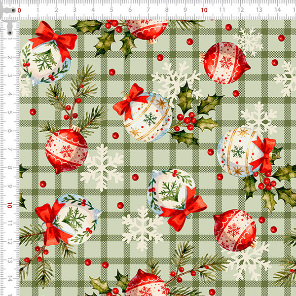 Tecido Tricoline Estampado Enfeites de Natal Verde 6220v001