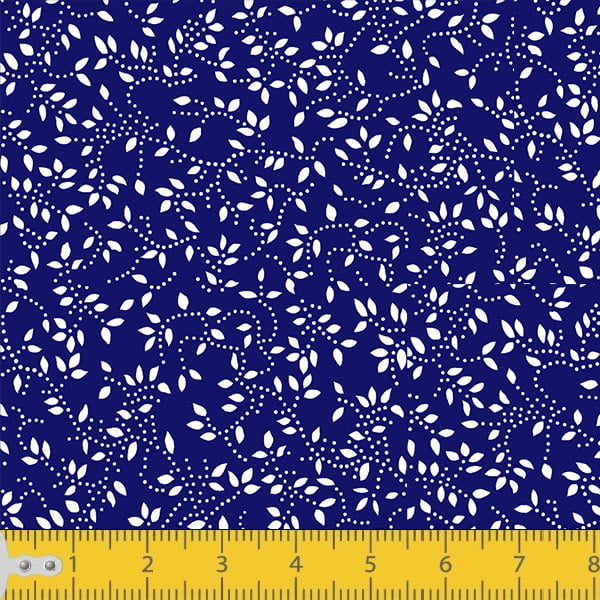 Tecido Tricoline Estampado Florais Branco Ramificado Fundo Azul Marinho 1047v605