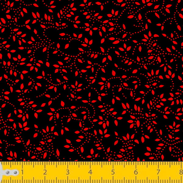 Tecido Tricoline Estampado Florais Vermelho Ramificado Fundo Preto 1047v012