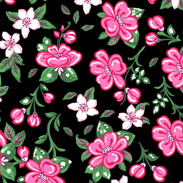 Tecido Tricoline Estampado Floral Rosa Fundo Preto  2563V2