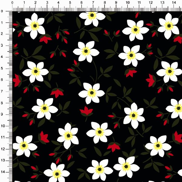 Tecido Tricoline Estampado Floral Branco Miúdo Preto 403v01