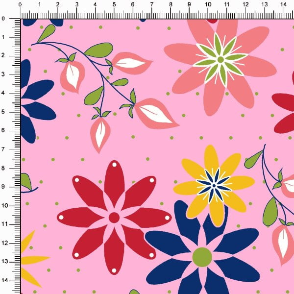 Tecido Tricoline Estampado Floral Colorido Fundo Rosa 6462v05