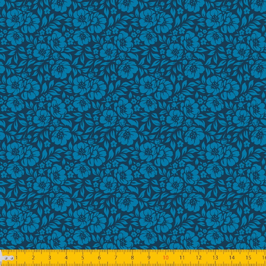 Tecido Tricoline Estampado Floral Desenhado Fundo Azul Escuro 1177v011