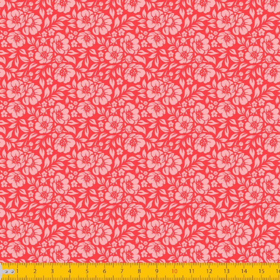 Tecido Tricoline Estampado Floral Desenhado Fundo Vermelho 1177v010