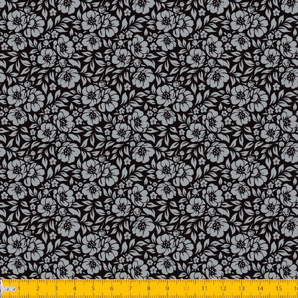 Tecido Tricoline Estampado Floral Desenhado Fundo Preto 1177v099