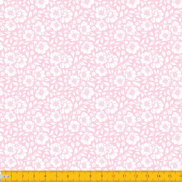 Tecido Tricoline Estampado Floral Desenhado Fundo Rosa Bebe 1177v081