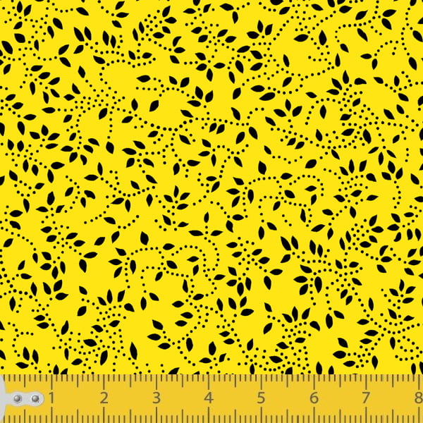 Tecido Tricoline Estampado Floral Ramificado Preto Fundo amarelo 1047v114