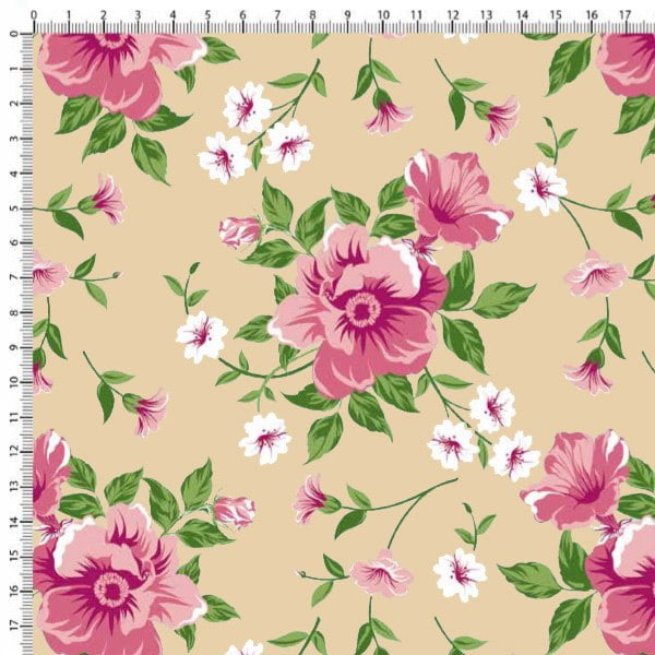 Tecido Tricoline Estampado Floral Rosa e Botões Fundo Bege 6449v04