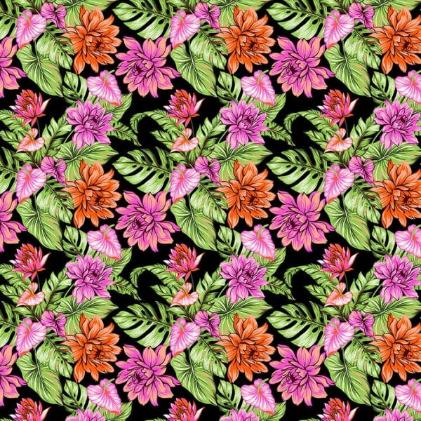 Tecido Tricoline Estampado Floral Costela De Adão Fundo Preto 3428