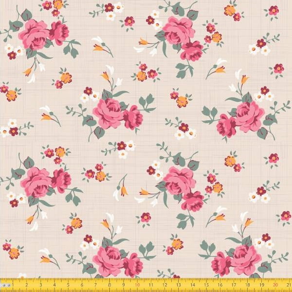 Tecido Tricoline Estampado Floral Rosa Fundo Bege Riscado 8017v1