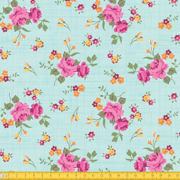 Tecido Tricoline Estampado Floral Rosa Fundo Verde Riscado 8017v4