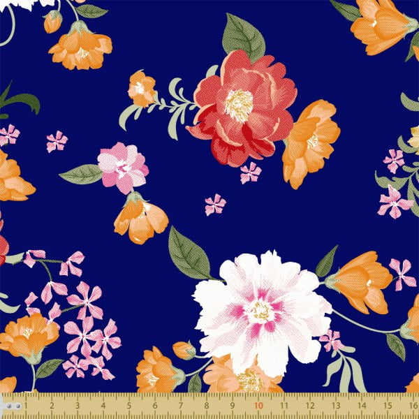 Tecido Tricoline Estampado Floral Colorido Fundo Marinho 8045v01